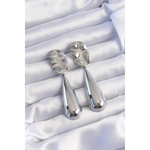 Mey İthalat® Pirinç Gümüş Renk Uzun Bombeli Ezme Plaka Küpe