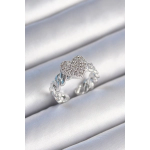 Pirinç Gümüş Renk Zincir Kordon Zirkon Taşlı Kalp Model Kadın Yüzük