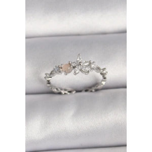 Pirinç Gümüş Renk Zirkon Taşlı Çiçek Model Ayarlanabilir Yüzük