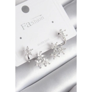 Pirinç Gümüş Renk Zirkon Taşlı Çiçek Tasarım Kadın Küpe