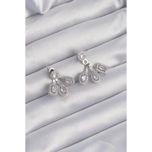 Pirinç Gümüş Renk Zirkon Taşlı Geometrik Model Küpe