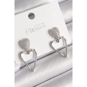 Pirinç Gümüş Renk Zirkon Taşlı Kalp Model Kadın Küpe