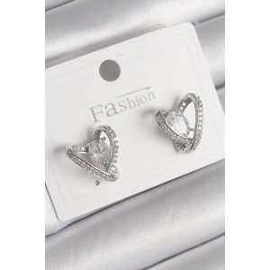 Pirinç Gümüş Renk Zirkon Taşlı Kalp Model Kadın Küpe
