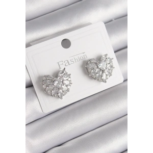 Pirinç Gümüş Renk Zirkon Taşlı Kalp Model Kadın Küpe