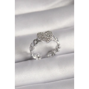 Pirinç Gümüş Renk Zirkon Taşlı Kalp Model Kadın Yüzük