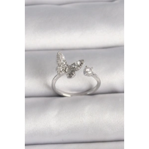 Pirinç Gümüş Renk Zirkon Taşlı Kelebek Model İnci Detay Ayarlanabilir Yüzük
