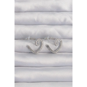 Pirinç Gümüş Renk Zirkon Taşlı Kıvrımlı Yarım Kalp Küpe