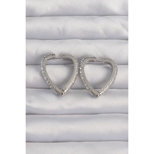 Pirinç Gümüş Renk Zirkon Taşlı Motifli Kalp Küpe