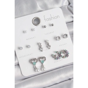 Pirinç Gümüş Renk Zirkon Taşlı Sallantılı Kalp Model Çiçek Detay 7 Çift Kadın Küpe Seti