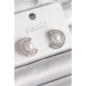 Pirinç Gümüş Renk Zirkon Taşlı Salyangoz Model İnci Detay Kadın Küpe