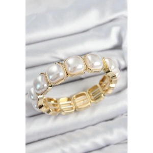 Mey İthalat® Pirinç Kare İnci Model Gold Renk Lastikli Kadın Bileklik