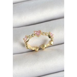 Pirinç Sıralı Kalp Figürlü Zirkon Taşlı Gold Renk Ayarlanabilir Kadın Yüzük