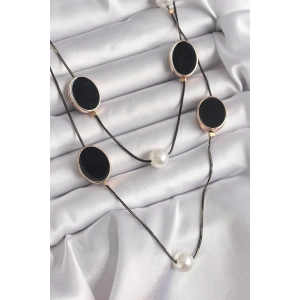 Pirinç Siyah Renk Zincir İnci Detaylı Çoklu Kadın Kolye