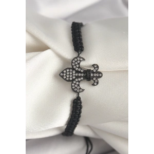 Pirinç Siyah Renk Zirkon Taşlı Zambak Figür Asansörlü Makrome Model Kadın Bileklik