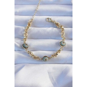 Pirinç Zincir Vip Seri Altın Renk Zirkon Taşlı Nazarlı Bileklik