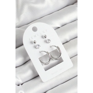 Pirinç Zirkon Taş Ve Halka Figürlü Gümüş Renk 3lü Çift Kadın Küpe Set