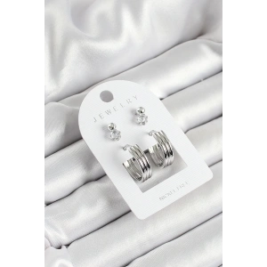 Pirinç Zirkon Taş Ve Halka Figürlü Gümüş Renk 3lü Çift Kadın Küpe Set