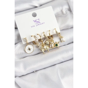 Pirinç Zİrkon Taşlı Kelebek ve Yıldız Model Gold Renk 3lü Çift Kadın Küpe