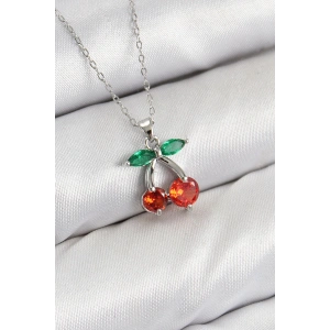 Pirinç Zirkon Taşlı Kiraz Model Gümüş Renk Kadın Kolye