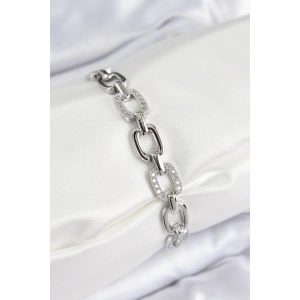 Pirinç Zirkon Taşlı Parçalı Zincir Model Gümüş Renk Kadın Bileklik