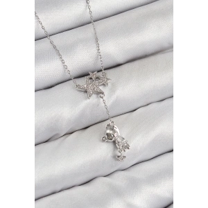 Pirinç Zirkon Taşlı Sallantılı Ayıcıklı Yıldız Model Gümüş Renk Kadın Kolye
