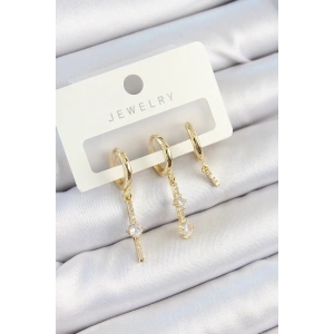 Pirinç Zirkon Taşlı Sallantılı Model Gold Renk 3lü Çift Kadın Küpe Set