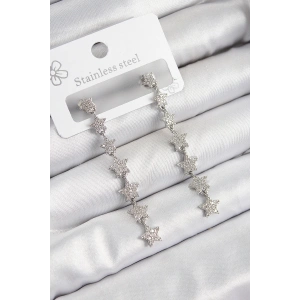 Pirinç Zirkon Taşlı Sallantılı Yıldız Model Gümüş Renk Kadın Küpe