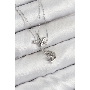 Pirinç Zirkon Taşlı Yıldız Ve Ay Model Gümüş Renk Kadın Kolye