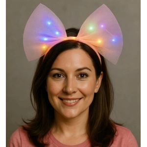   Rengarenk Led Işıklı Fiyonk Şekilli Tül Parti Tacı Pembe Renk 25x25 cm