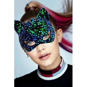 Siyah Kadife Kumaş Üzerine Mavi Yeşilli Payetli Pullu Parti Maskesi 16x14 cm