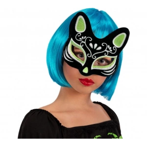 Siyah Renk Üzeri Gümüş Yeşil Simli Süet Kaplama Kedi Maskesi 17x14 cm