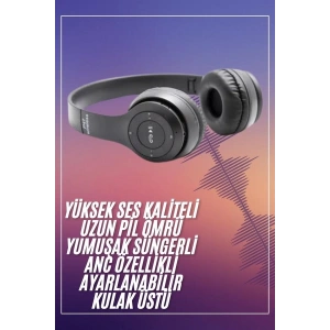 Mey İthalat® Bluetooth Kablosuz Kulaklık Siyah Wireless 5.0 Kulak Üstü Uzun Pil Ömrü