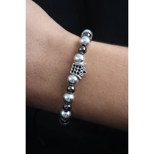 Doğal Taş Kral Tacı Model Gümüş Ve Füme Renk Asansörlü Erkek Bileklik