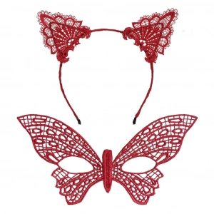 Gösterişli Kırmızı Dantel Maske ve Taç Seti 7 No – Masquerade ve Davetler için