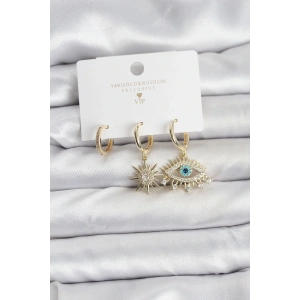 Mey İthalat® Göz Model Gold Renk Pirinç 3lü Kadın Küpe Seti