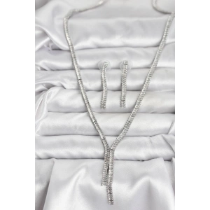 Gümüş Renk Baget Zirkon Taşlı Kadın Kolye Küpe Set