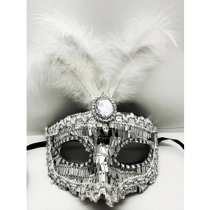 Gümüş Renk Payetli Pullu Tüylü Parti Maskesi 17x20 cm (5047)