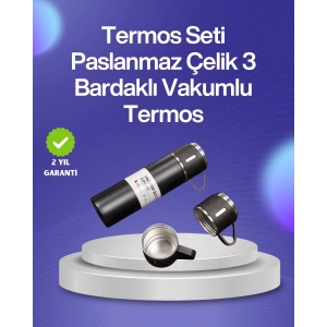 Mey İthalat® Isıyı Uzun Süre Koruyan 500 ml Termos Seti | Çelik Gövde, 2 Bardaklı, Hediye Kutulu