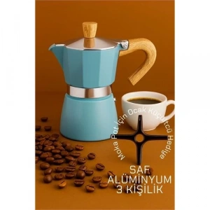 Italyan Moka Pot - 6061 Saf Alüminyum  Ahşap Saplı - 3 kişilik MAVİ