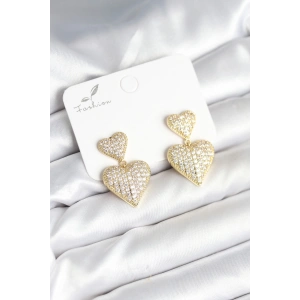 Kalp Model Zirkon Taşlı Gold Renk Pirinç Kadın Küpe