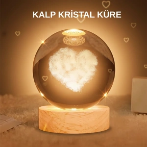 Mey İthalat® Kalpli Işıklı Cam Küre Ahşap Standlı Dekoratif Gece Lambası