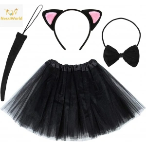Mey İthalat® Kedi Kulak Taç Etek Kuyruk ve Papyon 4 lü Set Çocuk Pembe