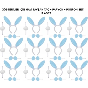 Mavi Tavşan Kostüm Seti – Taç, Papyon, Ponpon (12’li Paket)