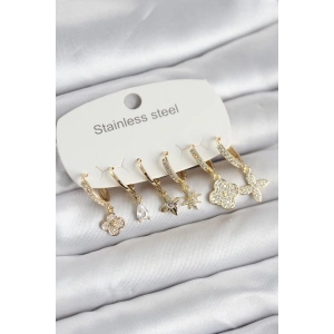 Mey İthalat® 316L Çelik Gold Renk 6lı Set Yonca Model Kadın Küpe