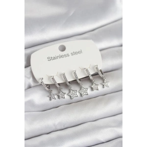 Mey İthalat® 316L Çelik Gümüş Renk 6lı Set Yıldız Model Kadın Küpe
