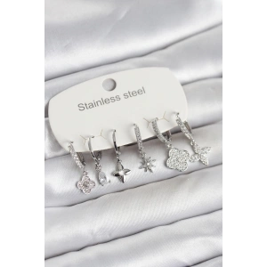 Mey İthalat® 316L Çelik Gümüş Renk 6lı Set Yonca Model Kadın Küpe