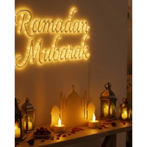 Mey İthalat® 3D Cami Siluet Dekor 2 Pilli Mum Dahil Ramazan Masa Üstü