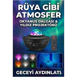 Mey İthalat® Galaksi Yıldız Projektörü ve Bluetooth Hoparlör 10 Renk Modlu Okyanus Dalgalı Gece & Disko ası