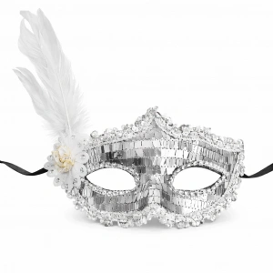 Mey İthalat® Gümüş Tüylü Payetli Lüks Taşlı Parti Maskesi
