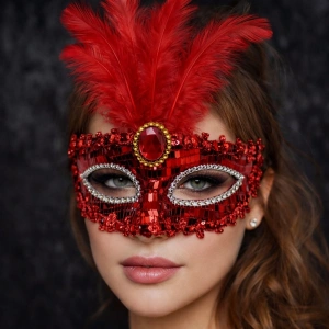 Mey İthalat® Lüks Kırmızı Tüylü Taşlı Balo Maskesi